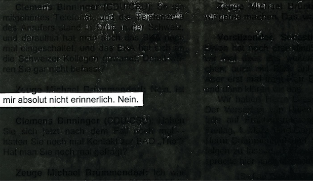 geschwärzert Text, nur das Fragment "mir absolut nicht erinnerlich. Nein" lesbar